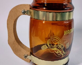 Hampton Beach Mug Amber Brown Glass Brass Hardware Wood Handle Mug NH Mug New Hampshire Souvenir Hampton Beach NH Vintage Glass Mug