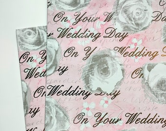 Dusty Rose Wedding Gift Wrap Pink Metallic Silver Font "On Your Wedding Day" 2 Sheets Vintage Bridal Wrapping Paper 20x30 Special Occasion