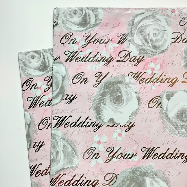 Dusty Rose Wedding Gift Wrap Pink Metallic Silver Font "On Your Wedding Day" 2 Sheets Vintage Bridal Wrapping Paper 20x30 Special Occasion