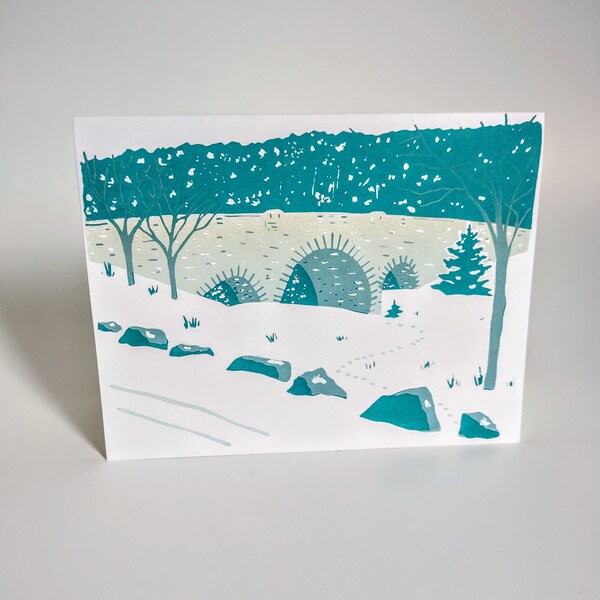 Stone Bridge Silkscreen Stationary Blank Notecard 4x6 Northeast Harbor Maine Recycled Paper Peaceful Winter Scene with Envelopes 2 Pack