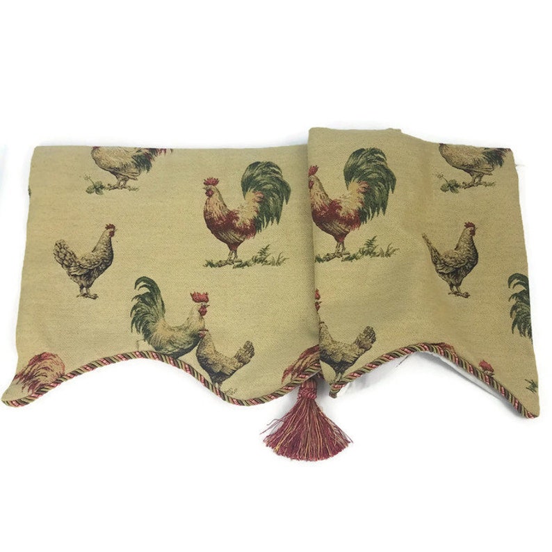 Vintage Tapestry Handmade Window Valance Chickens Hens Farmhouse Country Tassel