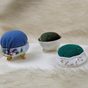 Tiny Porcelain Pin Cushions in Blues and Greens with Emery - Unique Repurposed Sewing Notion - Notion for Makers - Colorful Pin Cushion
