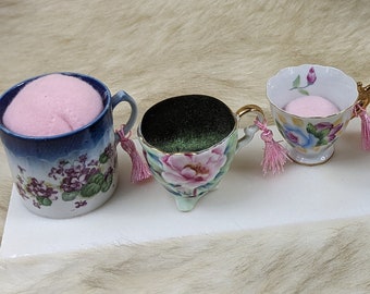 Miniature Pin Cushion Teacups with Emery and Tassel - Unique Repurposed Sewing Notion - Notion for Makers - Colorful Pin Cushion