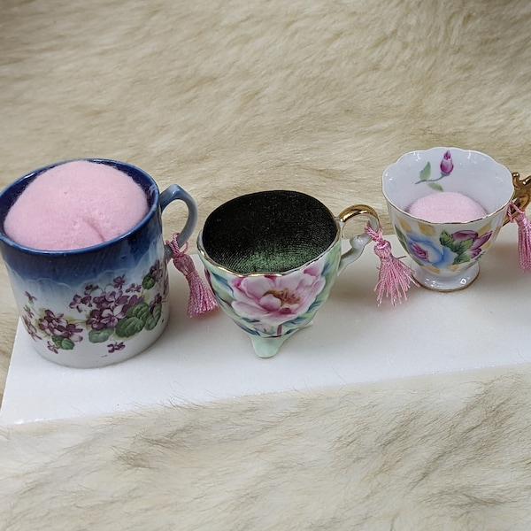 Miniature Pin Cushion Teacups with Emery and Tassel - Unique Repurposed Sewing Notion - Notion for Makers - Colorful Pin Cushion