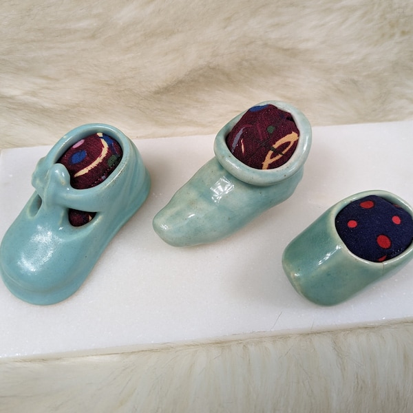 Jade Glazed Ceramic Shoe Shaped Pin Cushions - Unique Repurposed Sewing Notion - Notion for Makers - Colorful Pin Cushion