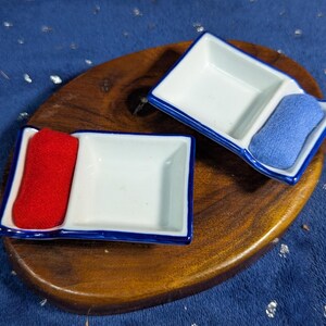 Blue Ceramic Dish & Pin Cushion Combo - Unique Repurposed Sewing Notion - Notion for Makers - Colorful Pin Cushion