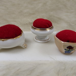 Tiny Porcelain Pin Cushions in Red with Emery - Unique Repurposed Sewing Notion - Notion for Makers - Colorful Pin Cushion
