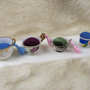 Miniature Pin Cushion Teacups with Emery and Tassel Unique Repurposed Sewing Notion Notion for Makers Colorful Pin Cushion image 2