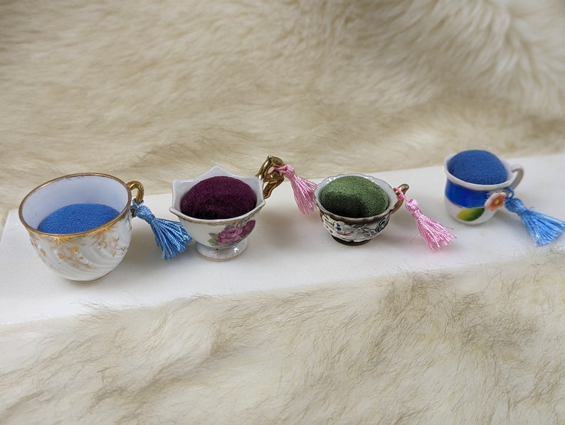 Miniature Pin Cushion Teacups with Emery and Tassel Unique Repurposed Sewing Notion Notion for Makers Colorful Pin Cushion image 2