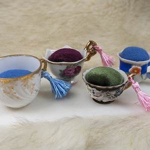 Miniature Pin Cushion Teacups with Emery and Tassel Unique Repurposed Sewing Notion Notion for Makers Colorful Pin Cushion image 1