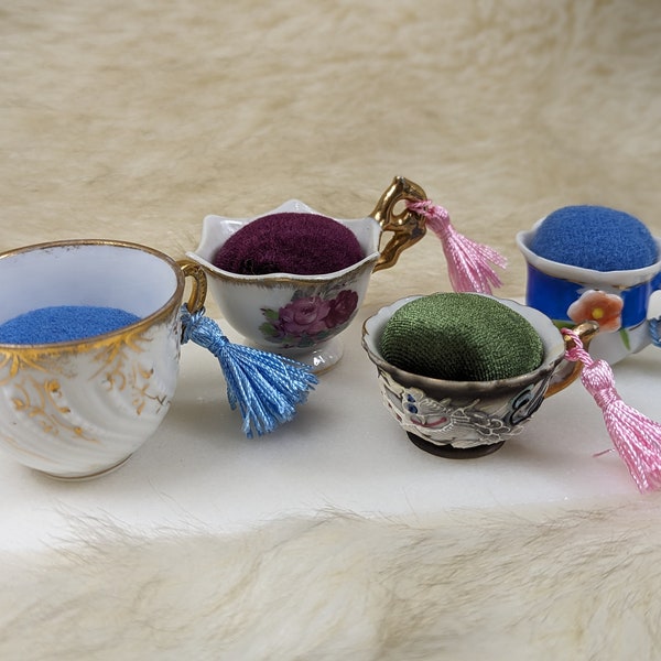 Miniature Pin Cushion Teacups with Emery and Tassel - Unique Repurposed Sewing Notion - Notion for Makers - Colorful Pin Cushion