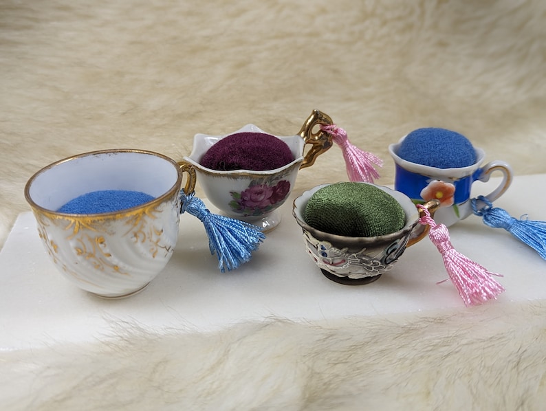 Miniature Pin Cushion Teacups with Emery and Tassel Unique Repurposed Sewing Notion Notion for Makers Colorful Pin Cushion image 1