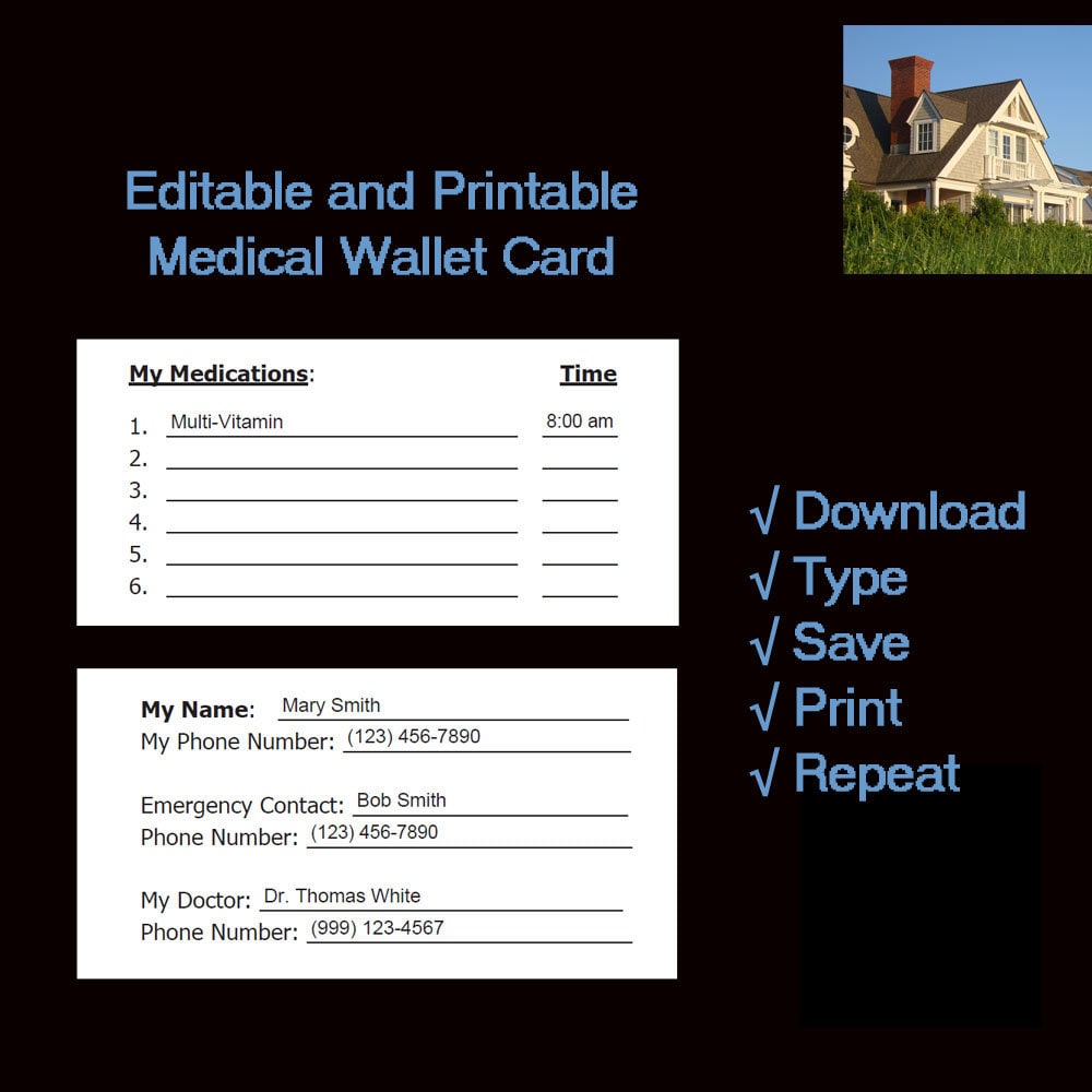 Editable Medical Wallet Card printable and Fillable Etsy