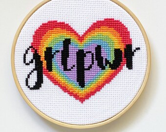 Girl Power Grl Pwr Rainbow Heart Feminist Cross Stitch Pattern Instant Download
