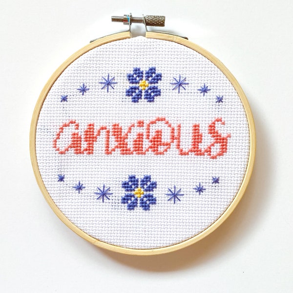 Anxious Cross Stitch Pattern Mental Health Illness Anxiety Flowers Funny Instant Download