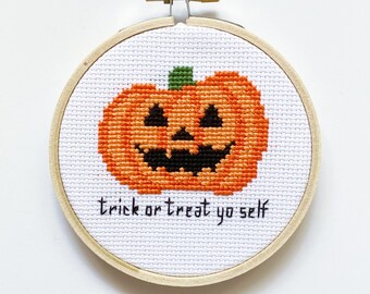 Trick or Treat Yourself Pumpkin Halloween Witch Parks and Rec Cross Stitch Pattern Funny Instant Download