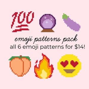 All 6 Emoji Patterns Heart Eyes 100 Peach Eggplant Flame Fire Crystal Ball Cross Stitch Pattern Instant Download