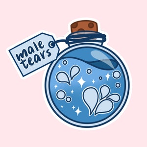 Op de afbeelding: Een sticker met een ronde blauwe drankfles met een kurk en het opschrift "male tears" op een label. De fles bevat blauwe vloeistof met traan- en sterdetails, tegen een lichtroze achtergrond.