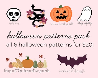 All 6 Halloween Patterns Ghost Skeleton Pumpkin Snake Bat Witch Cross Stitch Patterns Instant Download