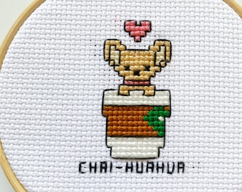 Chai-huahua Chihuahua To-Go Animal Tea Coffee Pun Cross Stitch Pattern Cute Funny Instant Download