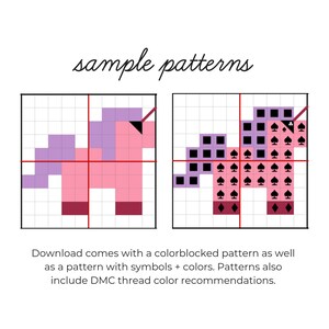 May include: Two cross-stitch patterns of a unicorn, one in pink and purple, the other in purple and black with spade symbols. The words "sample patterns" are written above the images. Text below the images describes the patterns.