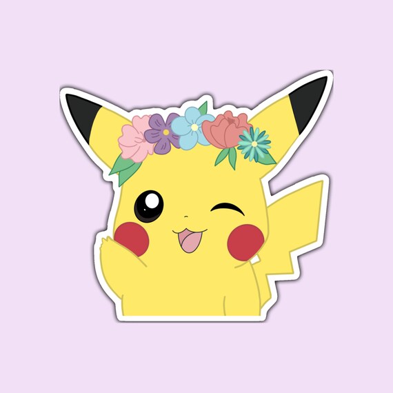 Pikachu Flower Crown Pokemon Peace Sign Cute Sticker Laptop Phone Water Bottle Car Decal