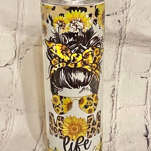 20oz Sunflower Leopard Print Mom Life Tumbler l Mama Tumbler | Mom Tumbler | Gifts For Mom | Yellow Tumbler