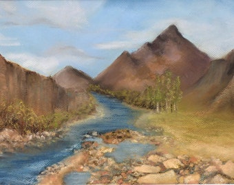 Mountain River Landscape Scene in pastel, original artwork, landscape pastel painting, one of a kind art