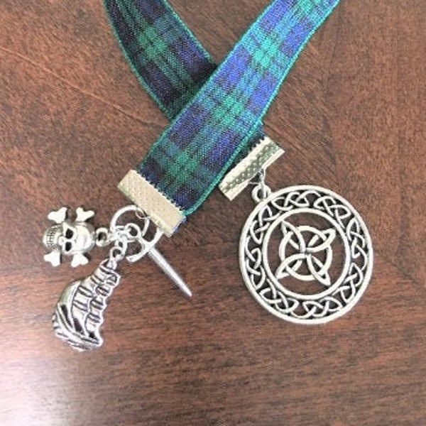 OUTLANDER BOOKMARK Echo in the Bone,  Scottish Blackwatch Tartan Ribbon Tall Ship, Sword, Pirates Skull & Crossbones, Sassenach Claire Gift