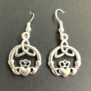 CLADDAGH EARRINGS,  Irish Jewelry, Handmade, Gift Wrapped, 925 Sterling Silver Hooks,  Celtic, Ireland, Triquetra, Trinity Knot, Irish Gift