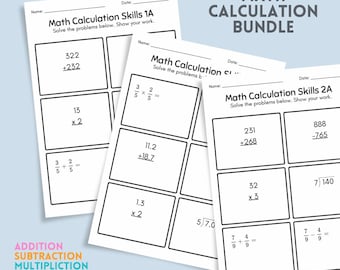 Math Calculation Worksheets Bundle | Grades 4-6 | Addition, Subtraction, Multiplication, Division, Fractions & Decimals Practice PDF