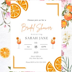 Faire-part de douche nuptiale orange - Thème cocktail d'agrumes - Modèle modifiable d'été - Aperol Spritz - Téléchargement immédiat