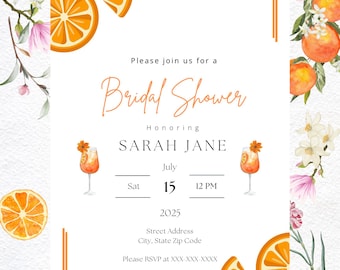 Orange Bridal Shower Invitation – Citrus Cocktail Theme – Summer Editable Template – Aperol Spritz – Instant Download