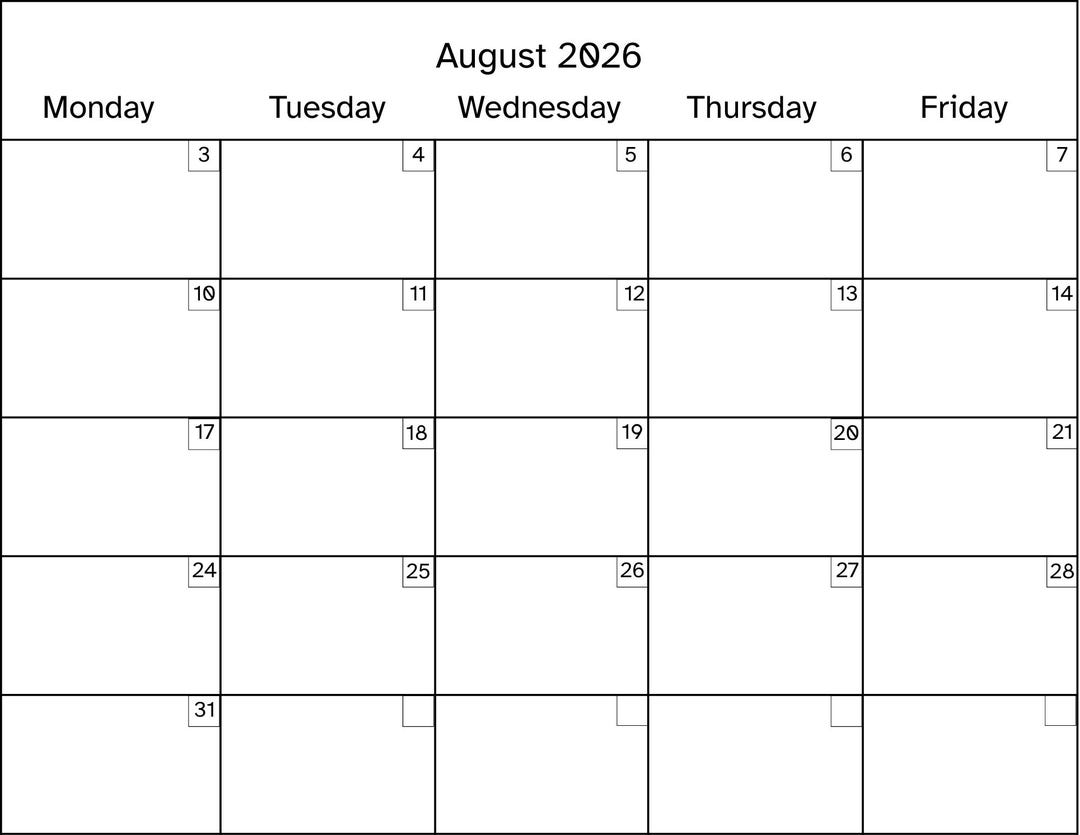 August 2026 Printable Calendar Monday Friday | Weekday Only Monthly ...