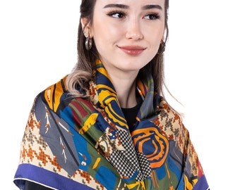 Sciarpa Bandana In Seta Satinata Stampa Fiori &ndash; Marrone/Verde, 110x110 Cm, Donna