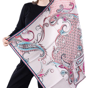 Cachecol de seda 100% amoreira rosa Paisley, lenço de cabeça para mulheres, lenço de seda quadrado de 90 x 90 cm, presente de Natal para ela, xale de sarja de seda, turbante