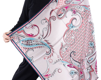 Paisley Pink 100% Mulberry Silk Scarf, Head Scarf For Women, 90x90 cm Silk Scarf Square, Gift For Her, Silk Twill Shawl, Head Wrap