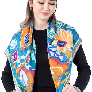 Mulberry Silk Scarf: Hand-Rolled Twill Shawl, Green Blue Orange, 90x90 cm