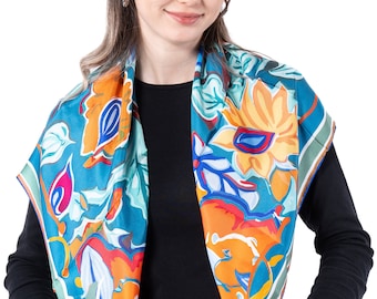 Cachecol de seda Mulberry: xale de sarja enrolado à mão, verde azul laranja, 90 x 90 cm