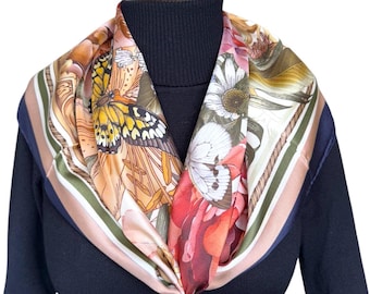 Mulberry Silk Scarf: Floral Twill Head Wrap, Hand-Rolled Edges, 90x90 cm Scarf