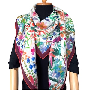 Wool Silk Scarf, Luxury Large Square Shawl Wrap, 53x53&quot; 135x135 cm Floral  Head Hair Scarf, Gift for Her Mom