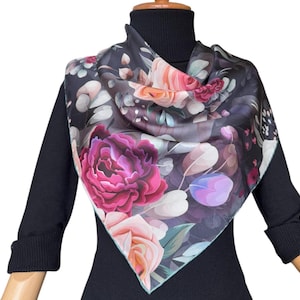 Lenço de sarja de seda para mulheres, lenço quadrado de 90 x 90 cm, lenço de cabeça 100% amoreira com padrão de rosas, xale, presente para ela, mãe, presente de Natal