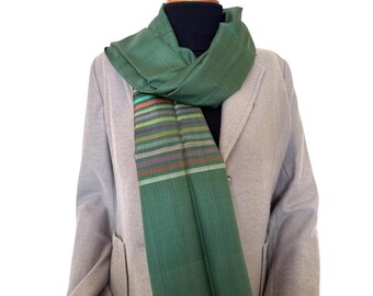 Handwoven Green Silk Scarf: Large 100% Silk Shawl Wrap