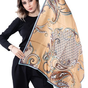 100% Lenço de seda Mulberry, Lenço de cabeça para mulheres, 90 x 90 cm Lenço de seda quadrado, Presente para ela, Mãe, Xale de sarja de seda marrom Paisley, Envoltório de cabeça