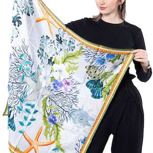 100% Mulberry Silk Twill Scarf para mulheres, 90 x 90 cm Lenço quadrado, presente para sua mãe, aniversário, casamento, Sea World Silk Head Scarf, Wrap Shawl