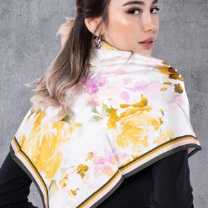 100% Mulberry Silk Twill Scarf para mulheres, 90 x 90 cm Lenço quadrado, Presente para ela, Mãe, Presente de Natal, Lenço de cabeça de seda floral, Xale Wrap