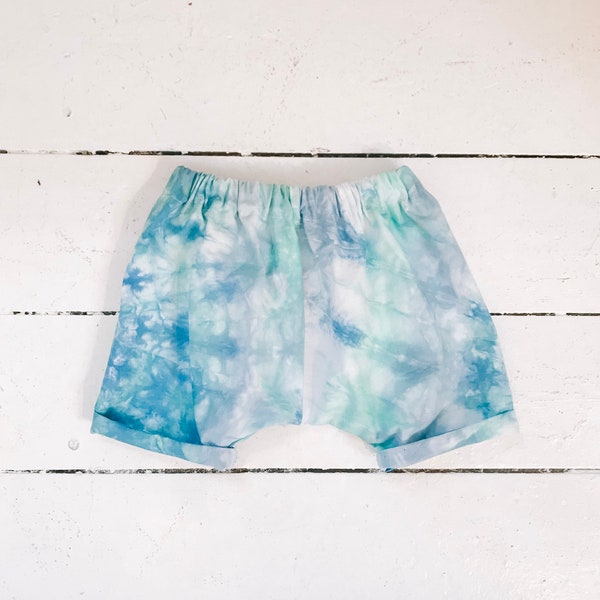 Unisex Tie Dye Toddler Shorts, Hand dyed in Blue and Seafoam