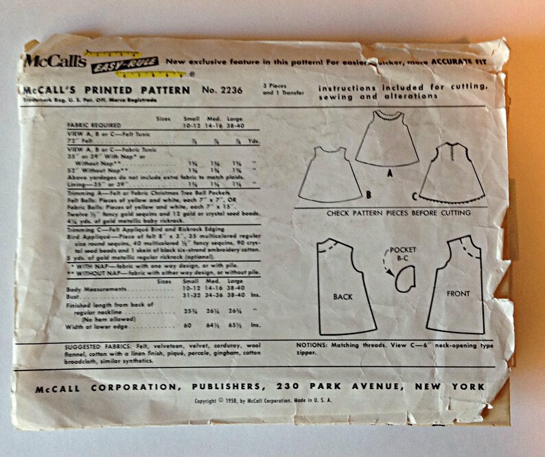 McCalls 2236 Ladies Casual Tunic size small vintage 1950/'s
