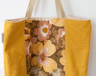 Quilted Yellow Floral Barkcloth and Drill Tote Bag, Shopping Bag, Supermarket Bag, Upcycled Bag, Book Bag