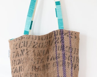 Vintage Coffee Sack and Blue Stripe Tote Bag, Shopping Bag, Supermarket Bag, Upcycled Bag, Book Bag, Vintage Coffee Sack